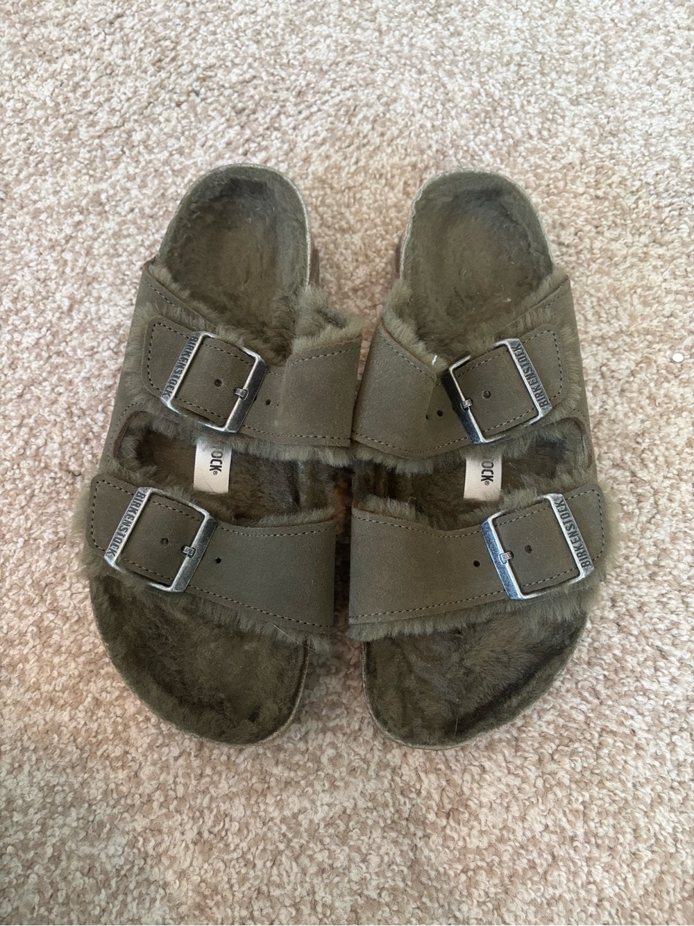 Birkenstock Shearling Double-Buckle Slides in Olive Green